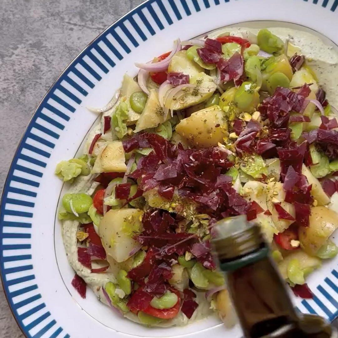 Artichoke, Fava Bean & Potato Salad with Pesto Labneh